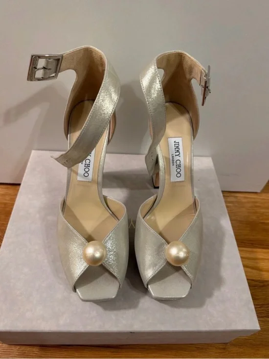 Jimmy Choo Socorie 120MM Shimmer Peep-Toe Platforms with Pearl Accent - Picture 3 of 5